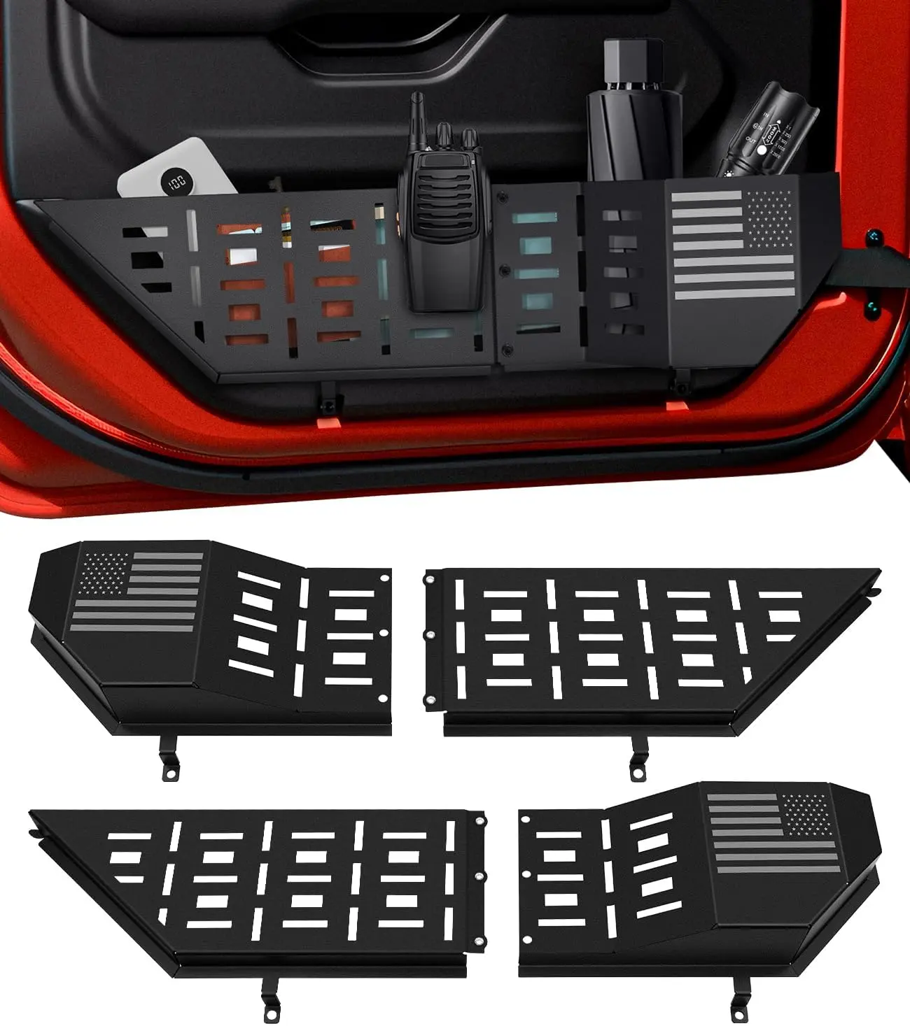 Stainless Steel Door Pocket Organizer - 2-Piece Full-Size Car Interior Kit with Mesh, Easy Access Front Storage Box for Jeep Wrangler JL/JLU 4xe (2018-2025) & Gladiator JT (2020-2025), Compatible with Manual Seats (Black)