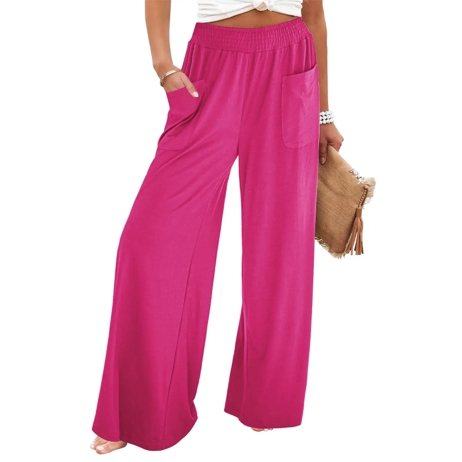 【Blue Waters’ Viral Picks】GRAPENT Wide Leg Pants for Women High Wasited Baggy Palazzo Pants Casual Pull On Bell Bottom Smocked Elastic Waist Pants,clothes for back to school,first day of school outfits