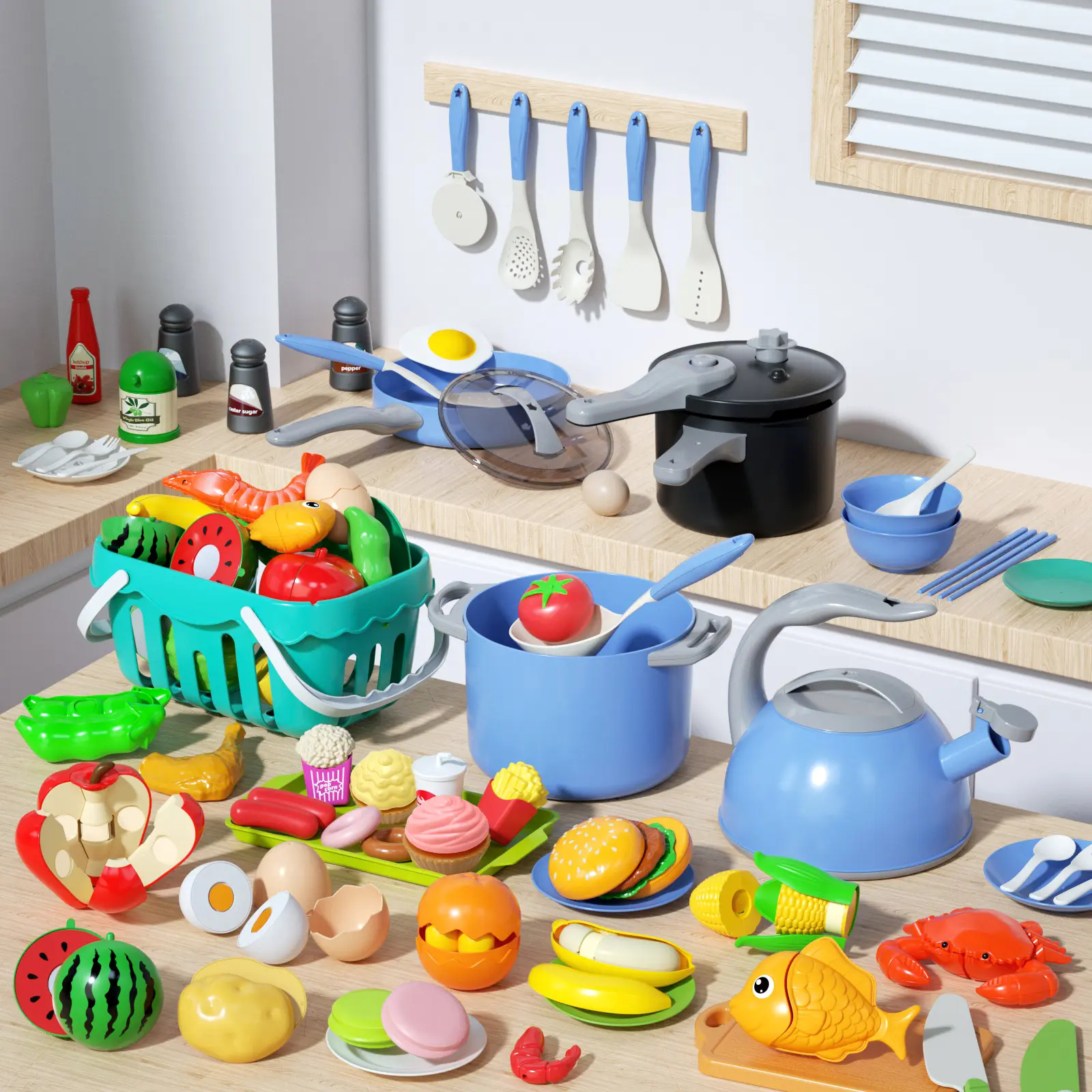Kitchen Playset 150Pcs, Toddler Pretend Cooking Play Pots, Pans, Utensils Cookware, Daily Food Fruit Veges, Shopping Storage Basket, Dessert, Prop Money, Learning Gift for Child Wooden Pretend Kitchen