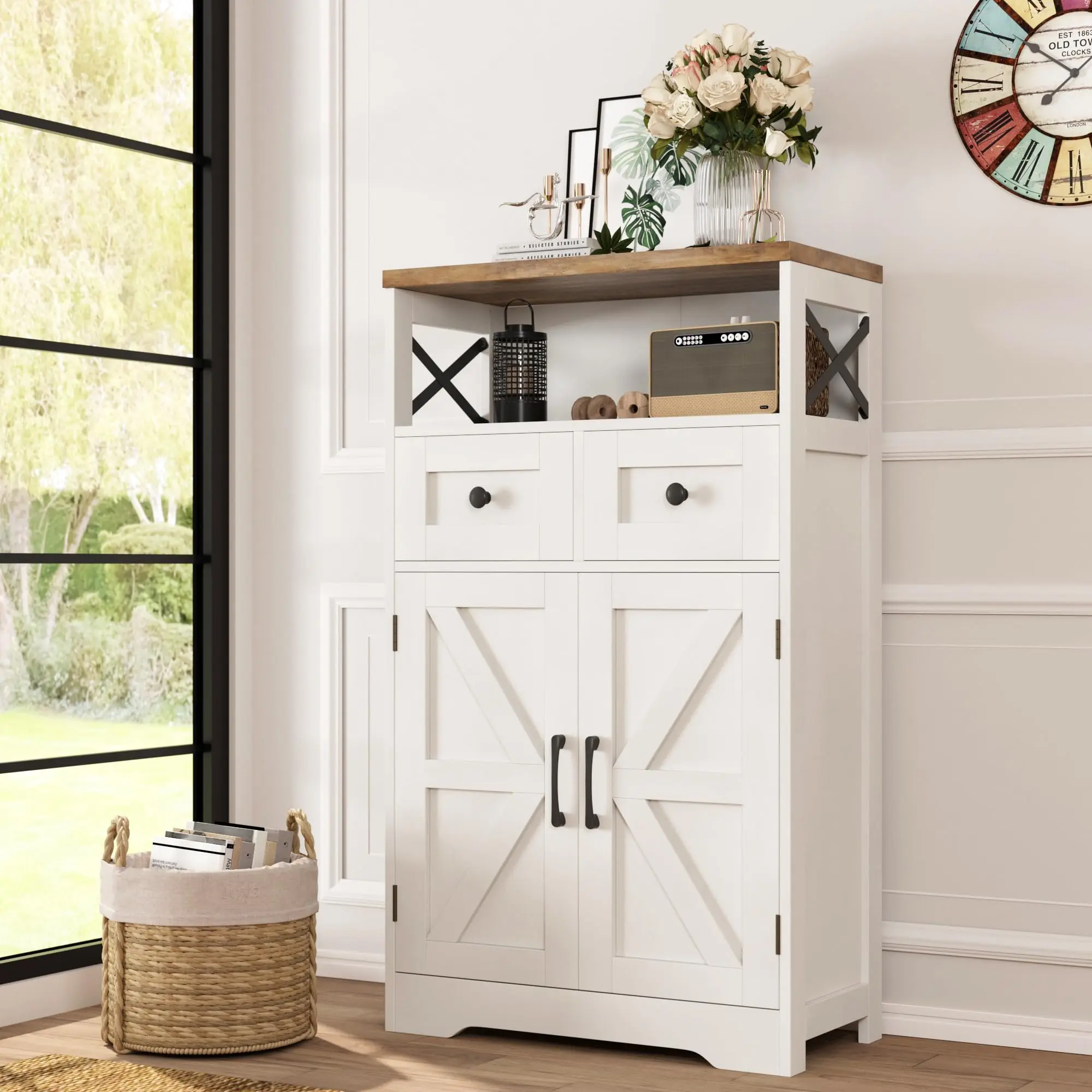 [tiktokshopbacktoschool] Vabches Farmhouse White Storage Cabinet with Doors and Drawers, Freestanding Kitchen Pantry Cabinet, Floor Storage Cabinet Hutch Cupboard for Kitchen/Laundry/Living Room/Bedroom