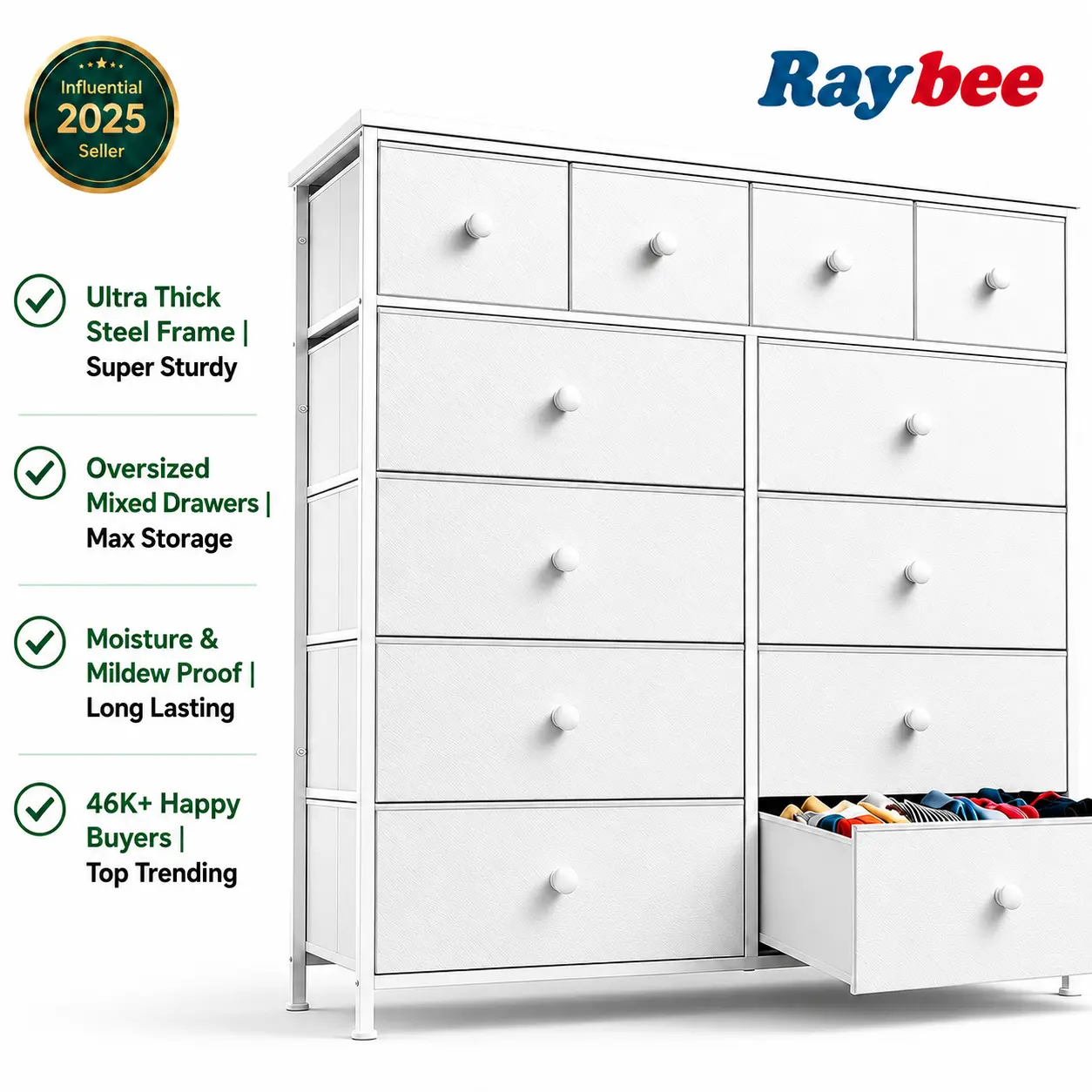 【Limited Deal】Raybee 12 Drawer Fabric Dresser for Bedroom Closet, Tall Storage Tower & TV Stand, Thickened Metal Frame Wood Top, Budget Friendly Space Saving Clothes Organizer Cabinet for Dorm Apartment, Cute Aesthetic Vanity Room Decor #StorageHacks