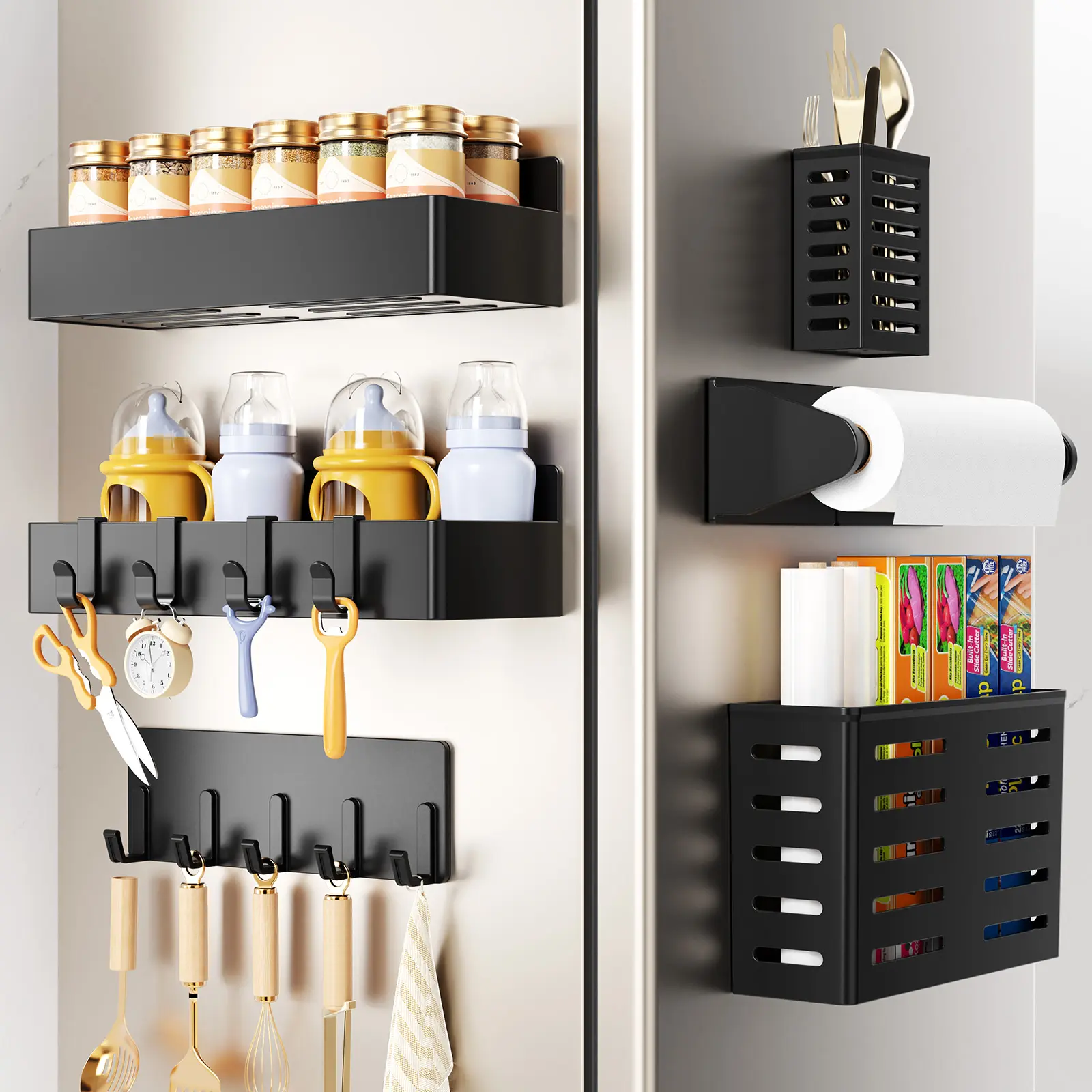 Nieifi 6-Pack Magnetic Kitchen Storage Rack Organiser Set - Deepened ABS Metal Adjustable Shelf Rack, Dustproof Design, Paper Towel Holder, Utensil Hooks, Easy Installation, Magnetic Display for Fridge Side (Black)