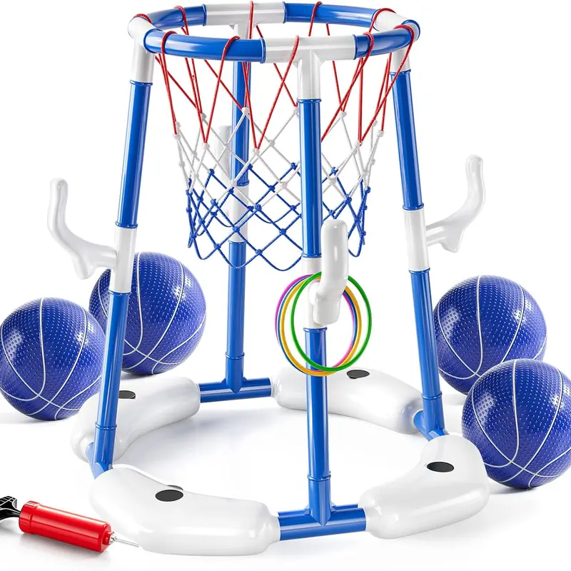 Floating 2-in-1 Pool Basketball Hoop & Ring Toss Toy - Plastic Sports Water Toy with Stable Base, 4 Balls, 12 Rings, Pump - for Kids, Adults, Summer Family Outdoor Water Play (Blue)