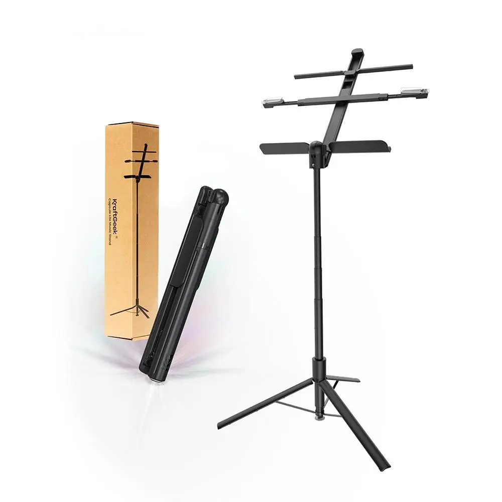 KraftGeek Capsule Lite Music Stand - Tap-to-Deploy, 2.2 lbs Lightweight, Travel-Ready for Gigs, Portable, Compact, Folding, Adjustable Telescopic Shaft, 17.24x2x3 in Musical Instrument Accessory