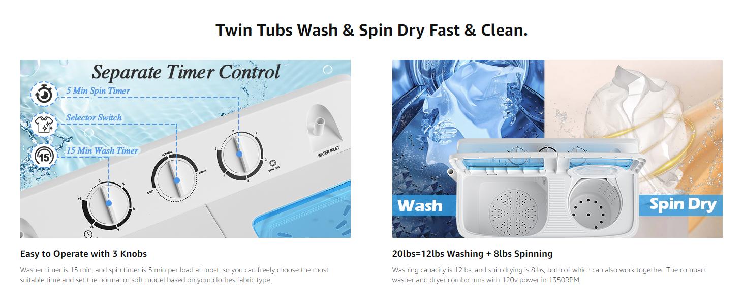 COSTWAY Portable Washing Machine, 13/20/22/26lbs Mini Twin Tub Washing Machine w/Drain Pump, Semi Automatic Compact Washer & Sipnner, Portable Washer Dryer Combo for Apartments Dorms RV Camping