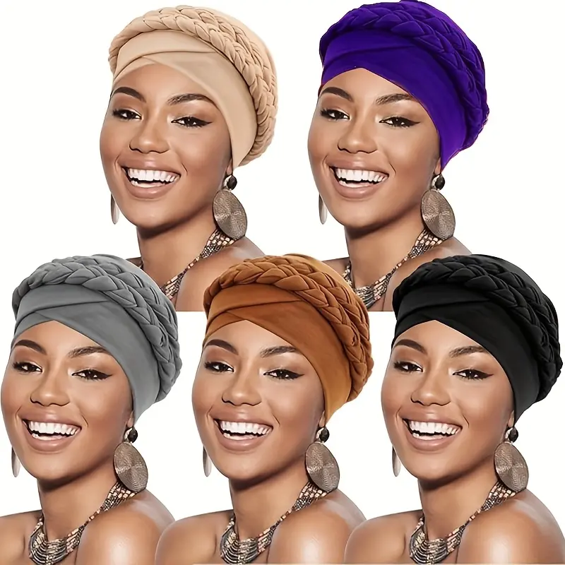 5-Pack Double Braid Turban Caps for Women, Lightweight Elastic Fabric Wrap for Female Scalp Care, Ideal for Chemo Patients & All Seasons, 5Pcs