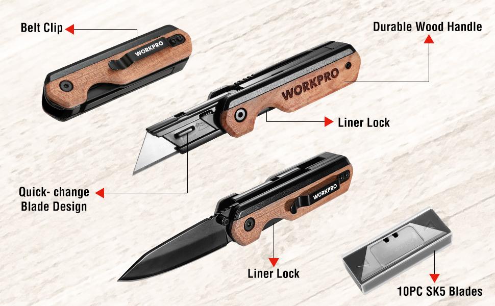 #fathersdaygift WORKPRO 2-in-1 Folding Knife/Utility Knife - Gifts for Dad, Quick-Change Box Cutter with Belt Clip and Liner Lock, Extra 10 SK5 Blades Included