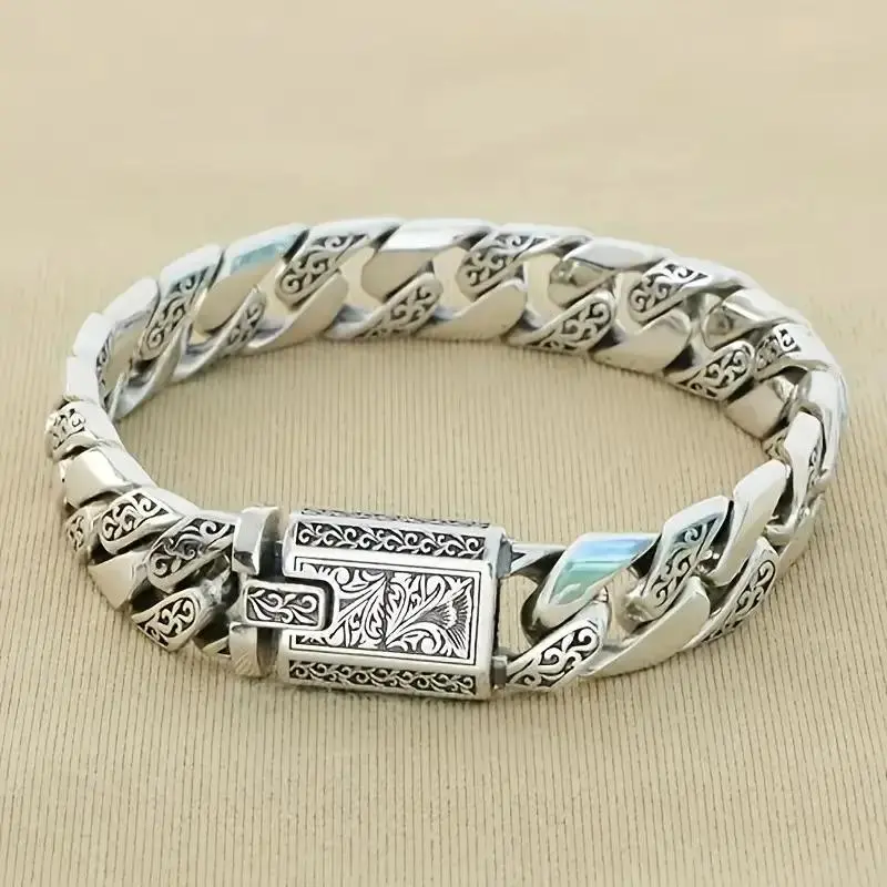 S925 Sterling Silver Male Vintage Engraved Cuban Chain Link Bracelet - Floral Clasp, Rugged Meets Vintage Design, Elegant Jewelry Bracelet, Heritage-Ready Gift for Anniversary, Daily Wear Accessory