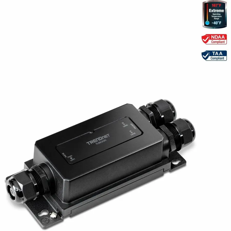 TRENDnet 2-Port Industrial Outdoor Gigabit PoE++ Extender, Hardened IP67 Rated Housing, Extreme Temperature Resistance, Extends Connection up to 200m/656ft for 2 PoE++ Devices, Black TI-BE200, for Industrial Users