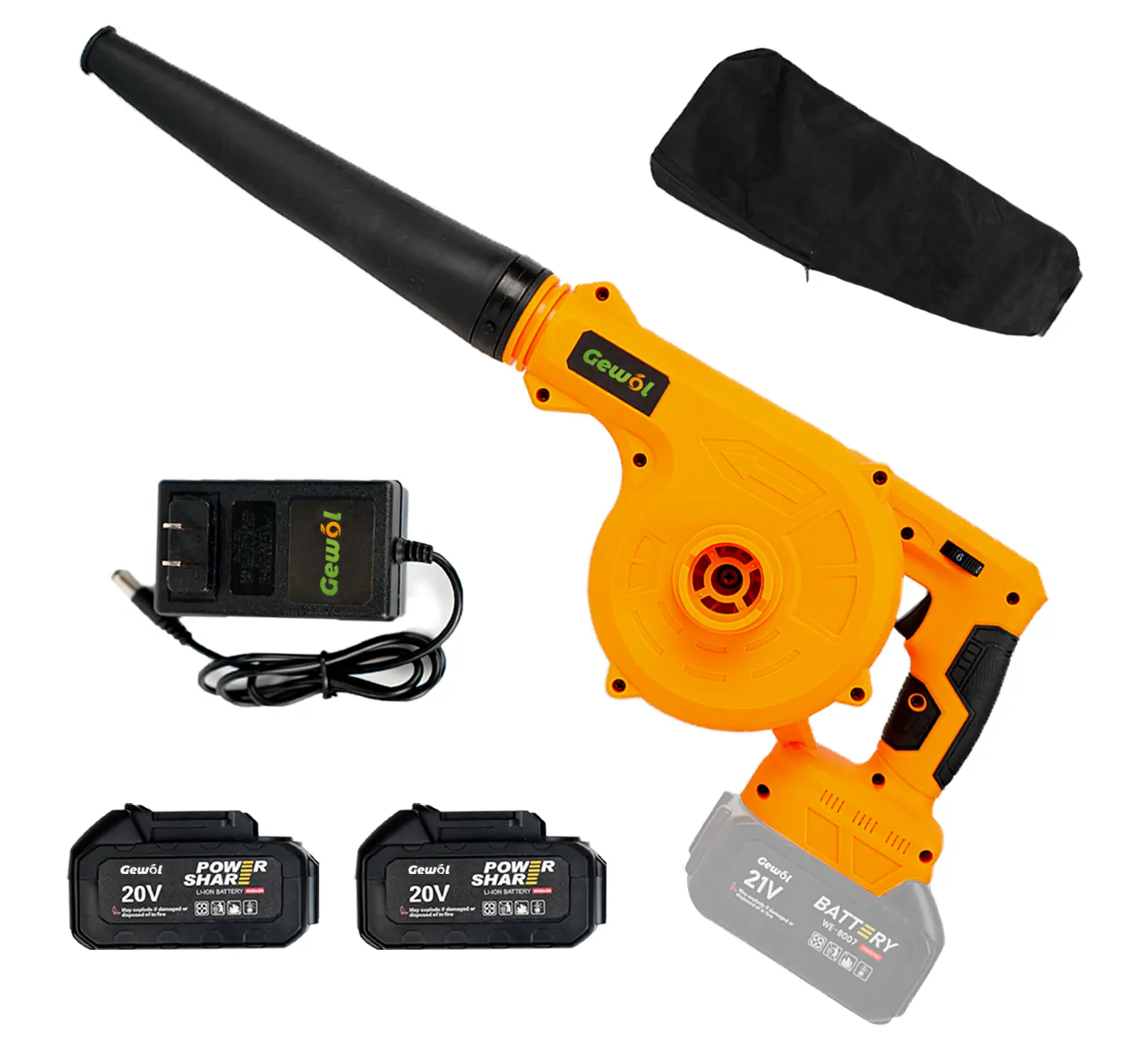 Gewol 21V Brushless Motor Lithium Battery 2-in-1 Lightweight Cordless Blower & Vacuum, 2.4 lbs Handheld Leaf Blower with 2×3.0Ah Batteries, Quiet Run Ultra Portable Cleaner for Home Users’ Lawn Care & Car Detailing