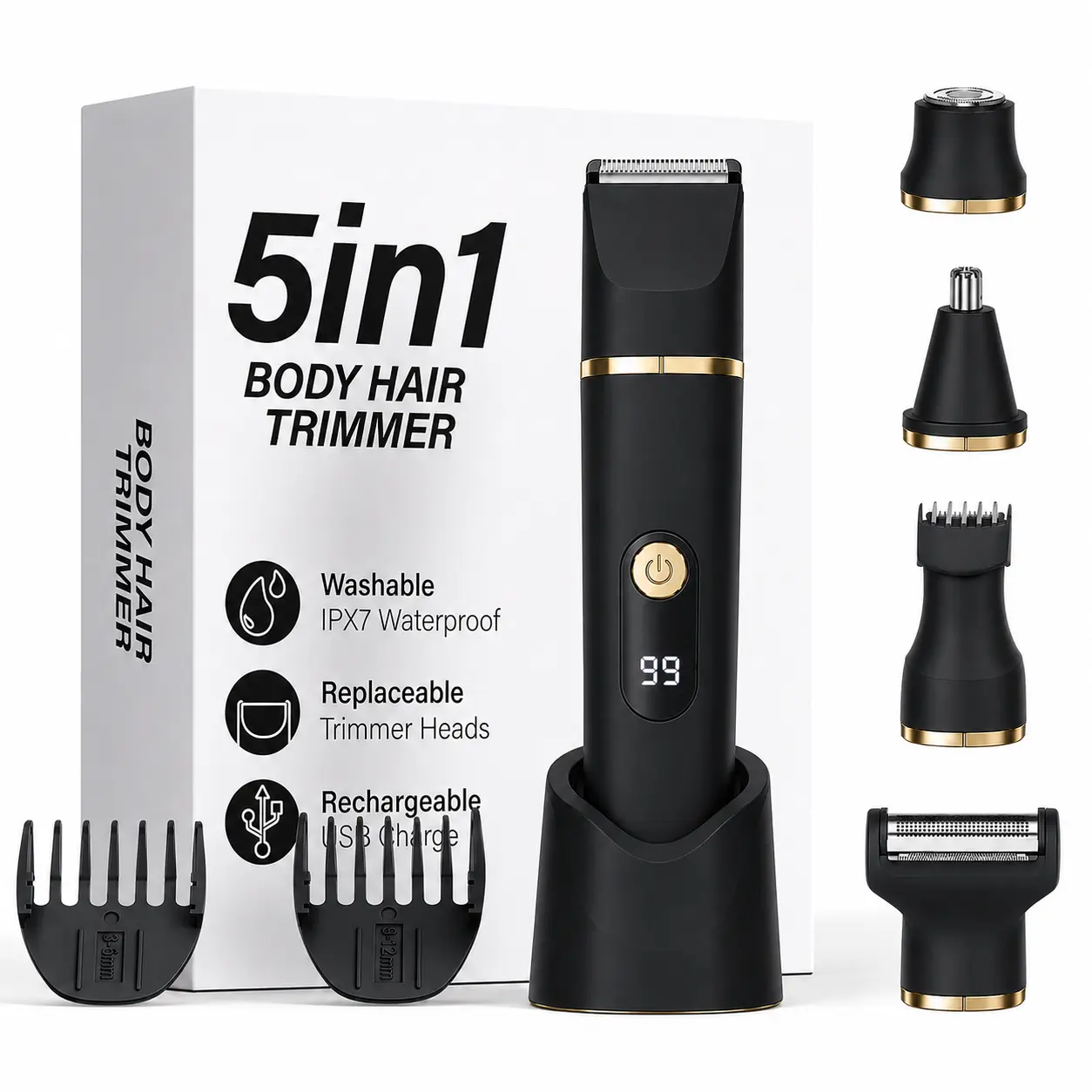 5-in-1 Trimmer and Shaver, Painless Precision Body Hair Shaver with Hypoallergenic Ceramic Blade, IPX6 Waterproof for Wet & Dry Use, Rechargeable Battery with 120 Mins Runtime, Painless Precision Shaver