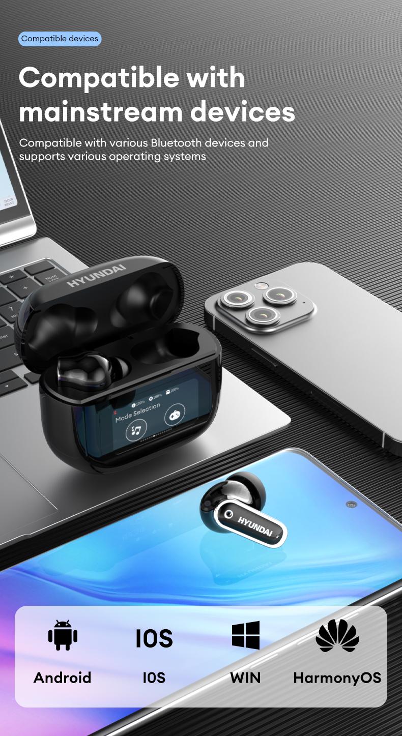 HYUNDAI Y22 In-Ear Wireless Headphones with 2025 Bluetooth 5.4, Touch Smart Screen, ANC Noise Reduction, Anti-Loss Function, High-Fidelity Audio Decoding, Ergonomic Comfortable Fit, Compatible with Mainstream Devices, Earbuds for Music & Calls