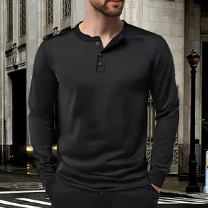 Men's Fashion Long Sleeve Shirts, Solid Color Retro Henley Tops, V-Neck Button Placket Soft Sweatshirts, Big & Tall Versatile for Spring Fall Casual Daily Wear