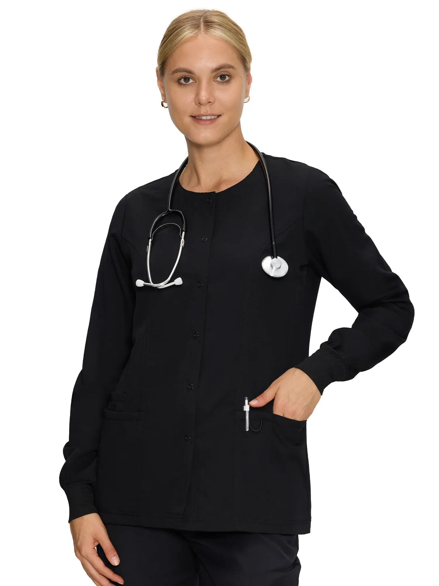 COZYFIT Women's Scrub Jacket - Snap Front Nurse Workwear with 3 Pockets, Easy-Care Soft Fabric for Summer Vibes, Black Lady Clothes, Women's Scrubs