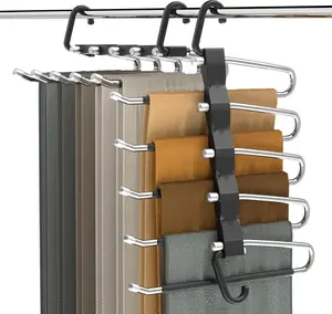 Pants Hangers Space Saving - 2 Pack Closet Organizer and Storage Jean Hangers, Stainless Steel Anti-Slip Clothes Hanger Scarf Holder for Pants Jeans Leggings Trousers Pant Rack, Black