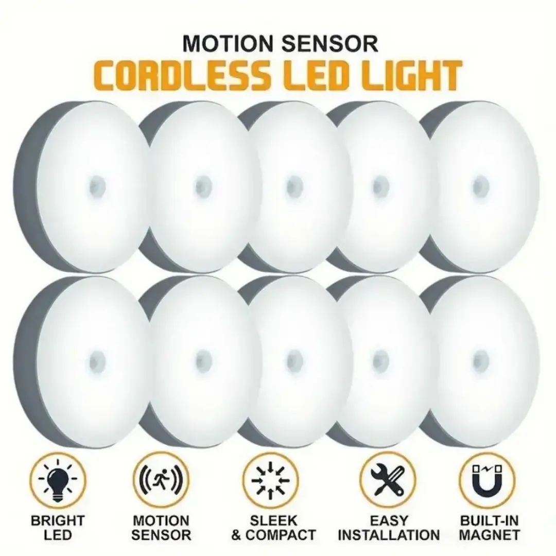 5-10 LEDs Motion Sensor Light, USB Rechargeable Round LED Light, Dimmable Night Light for Bathroom, Storage Cabinet, Stairway, Corridor & Office Space