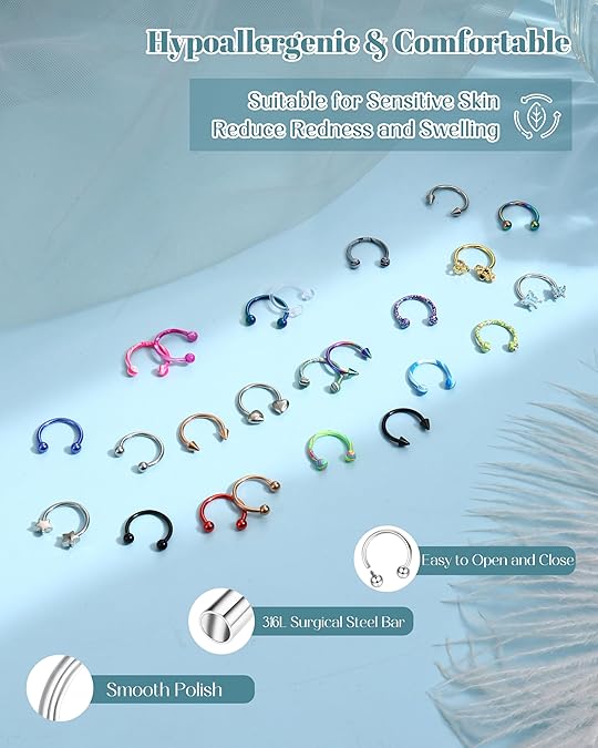 BESTEEL 24 PCS Septum Nose Rings for Women 16G - Hypoallergenic Horseshoe Lip Daith Piercing Jewelry Cute Small Stainless Surgical Steel Rook Conch Helix Tragus Daith Cartilage Earrings Hoops Set 10mm