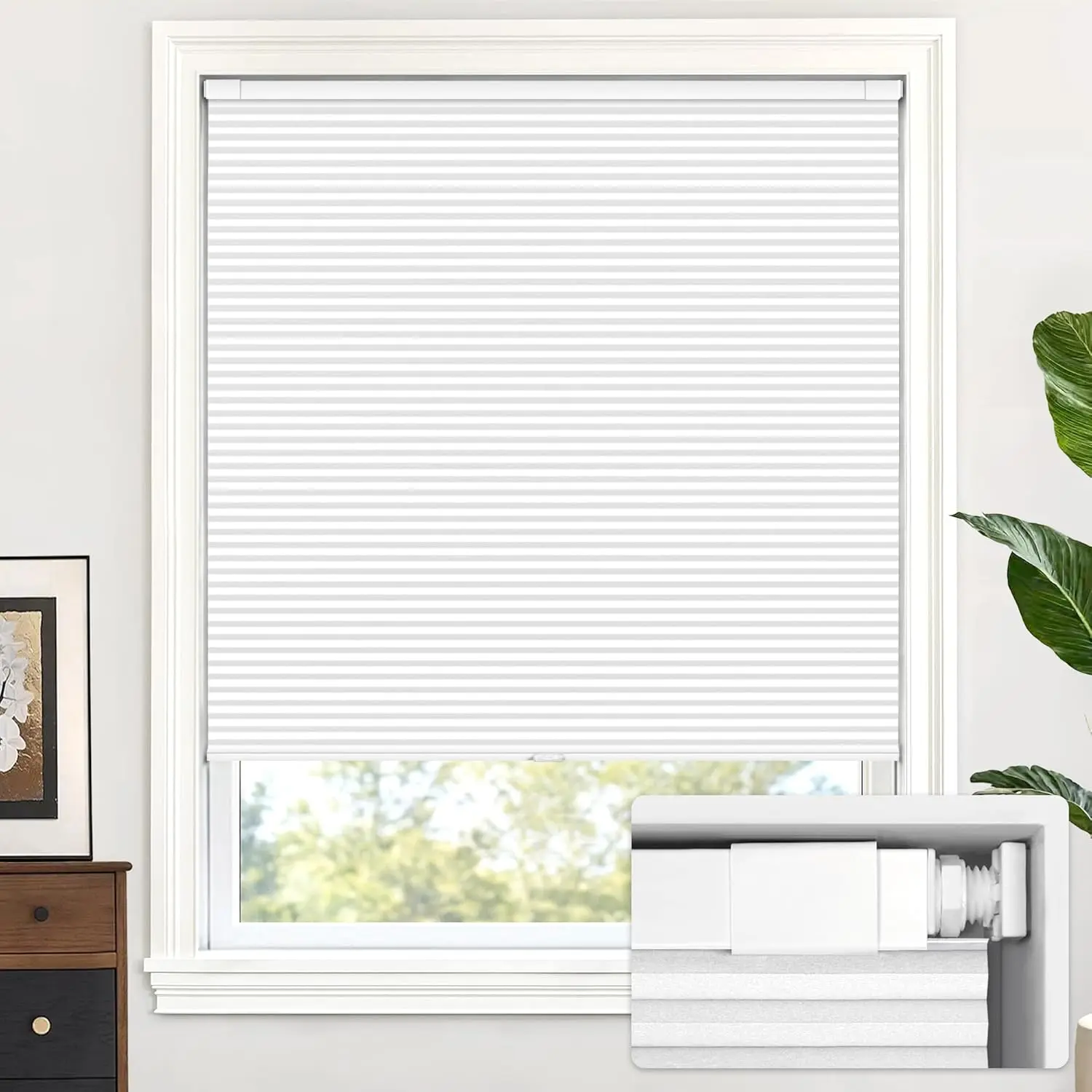 White Solid Color No-Drill Cordless Cellular Shades - Polyester Full Blackout Honeycomb Blinds, 20'' W x Adjustable H, Easy-to-Set-Up Modern Window Mount, Bedroom Decor Home Supplies, Blackout Blinds