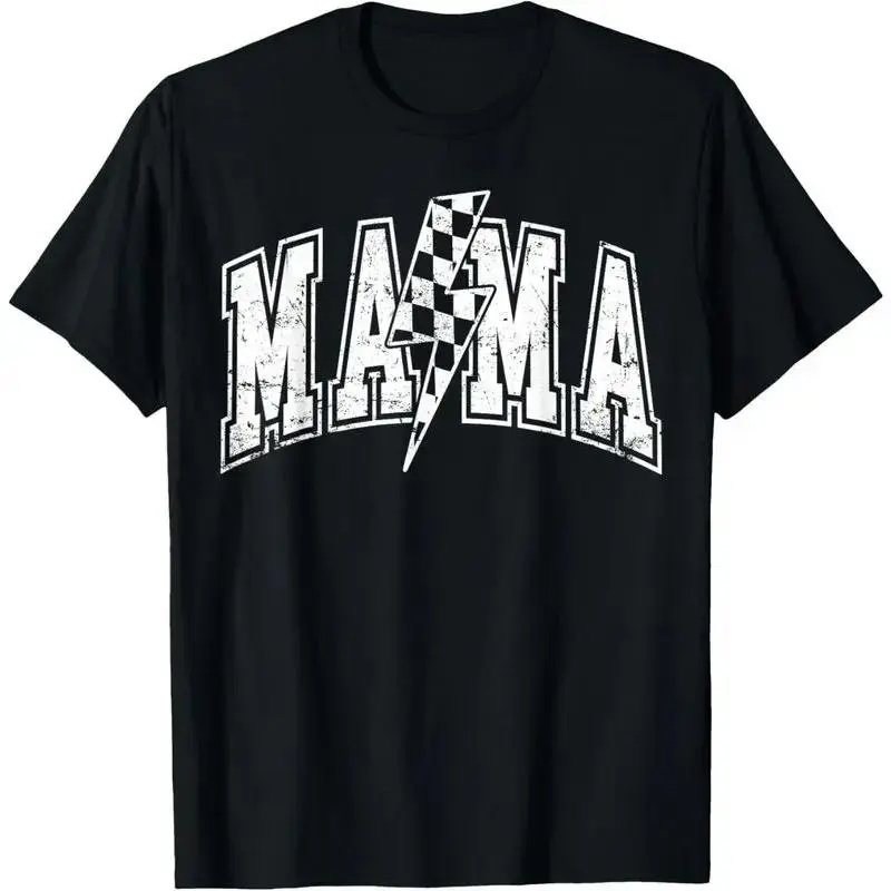 Women's Mama Varsity Graphic T-Shirt, Oversized Checkered Lightning Bolt Print, 100% Cotton Unisex Top for Mother's Day