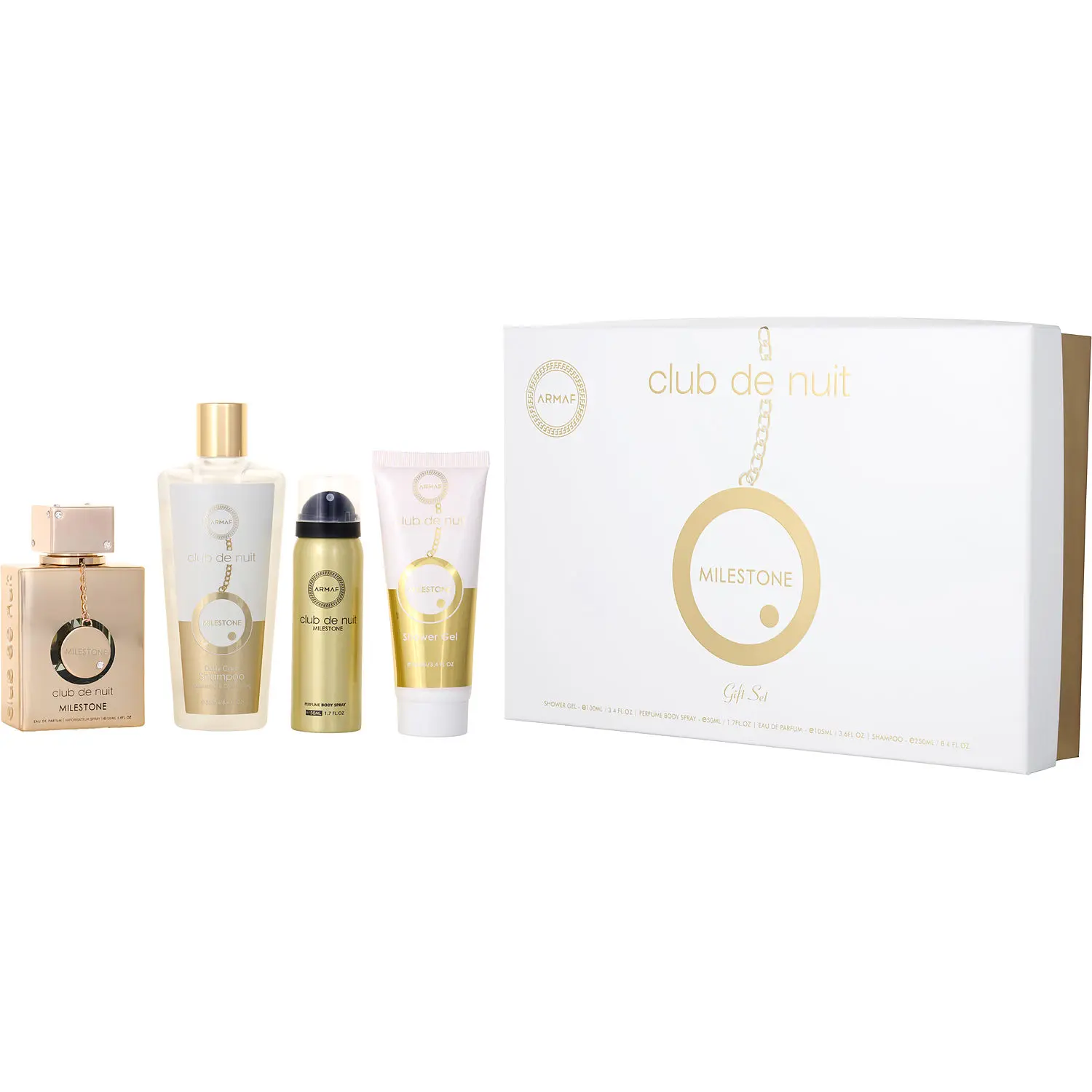 Armaf Club De Nuit Milestone Set-Eau De Parfum Spray 3.6 Oz & Body Spray 1.7 Oz & Shower Gel 3.4 Oz & Shampoo 8.4 Oz For Unisex
