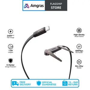 [Buy One Free One] Amgras LineMeta 946 Super Metel Invisible Holder Charger Cable with Stand,240w,PD Fast Charging,For Gaming, Office, Car Travel, Compatible with iPhone Samsung Type-C charging cable Black