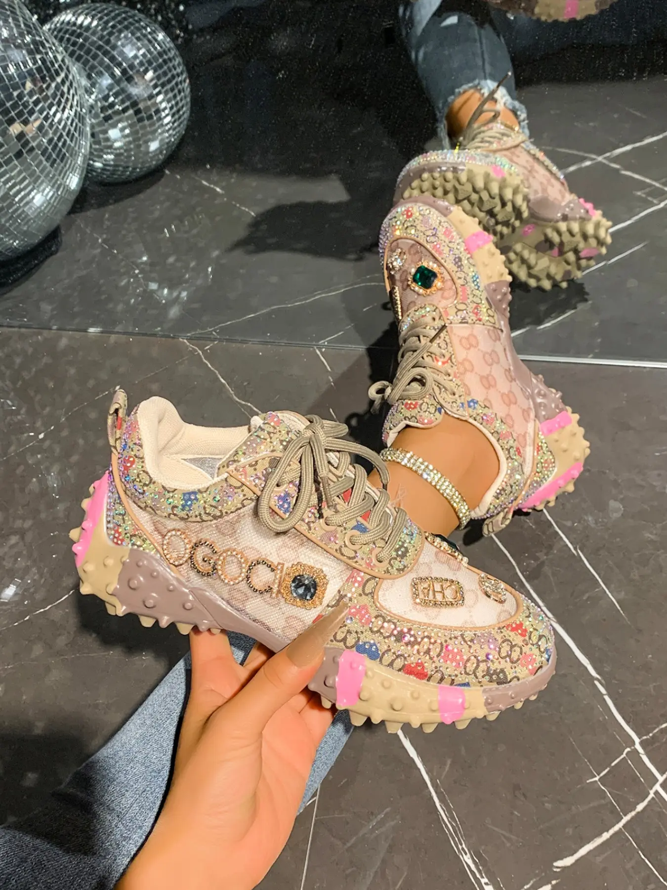 Women's Comfortable Athletic Thick Sole Sneakers, Textile Upper, Rubber Outsole, Low-Top Design, All Seasons Wear, Street Style Casual Shoes, Walking Shoes, Footwear, Glitter Design Sneakers, Thick Soled Sneakers, Rhinestone Embellished Sneakers