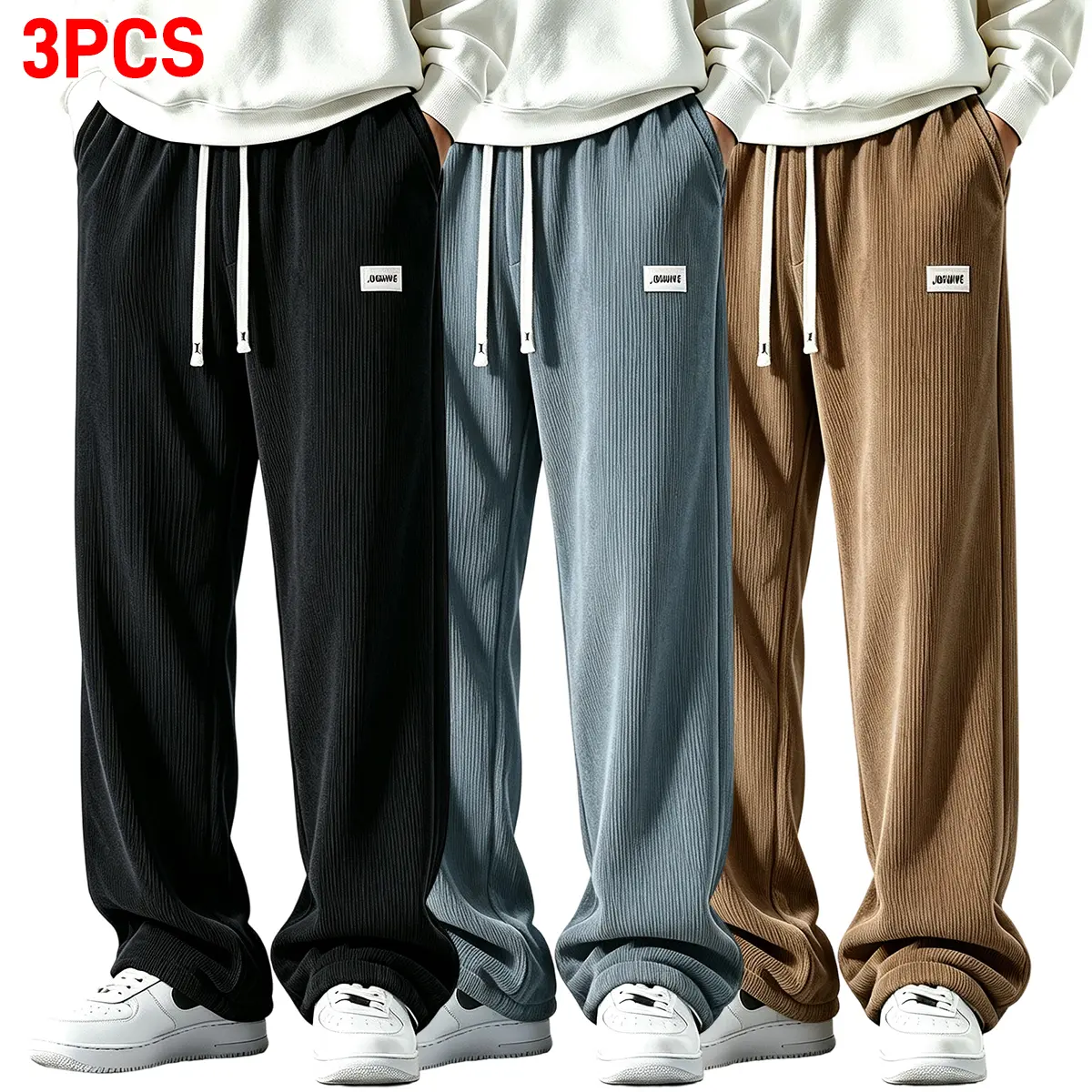 JOGWAVE 3PCS Men’s corduroy long pants — autumn/winter men’s drawstring elastic-waist straight-leg casual pants; stylish sports-casual trousers. Men’s corduroy straight-leg long pants with autumn/winter drawstring elastic waist; suitable for everyday wear