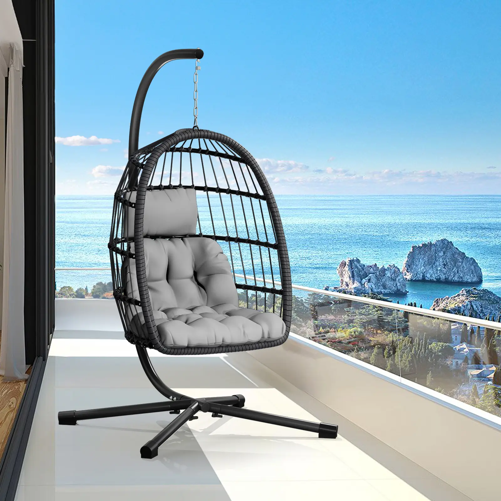 LEVELEVE Single Seat Oversized Rattan Wicker Hammock Chair with Stand, Outdoor-Indoor Patio Swing Furniture, Thick Aluminum Alloy Frame, UV-Resistant Cushion, 350lbs Max Weight Capacity for Porch