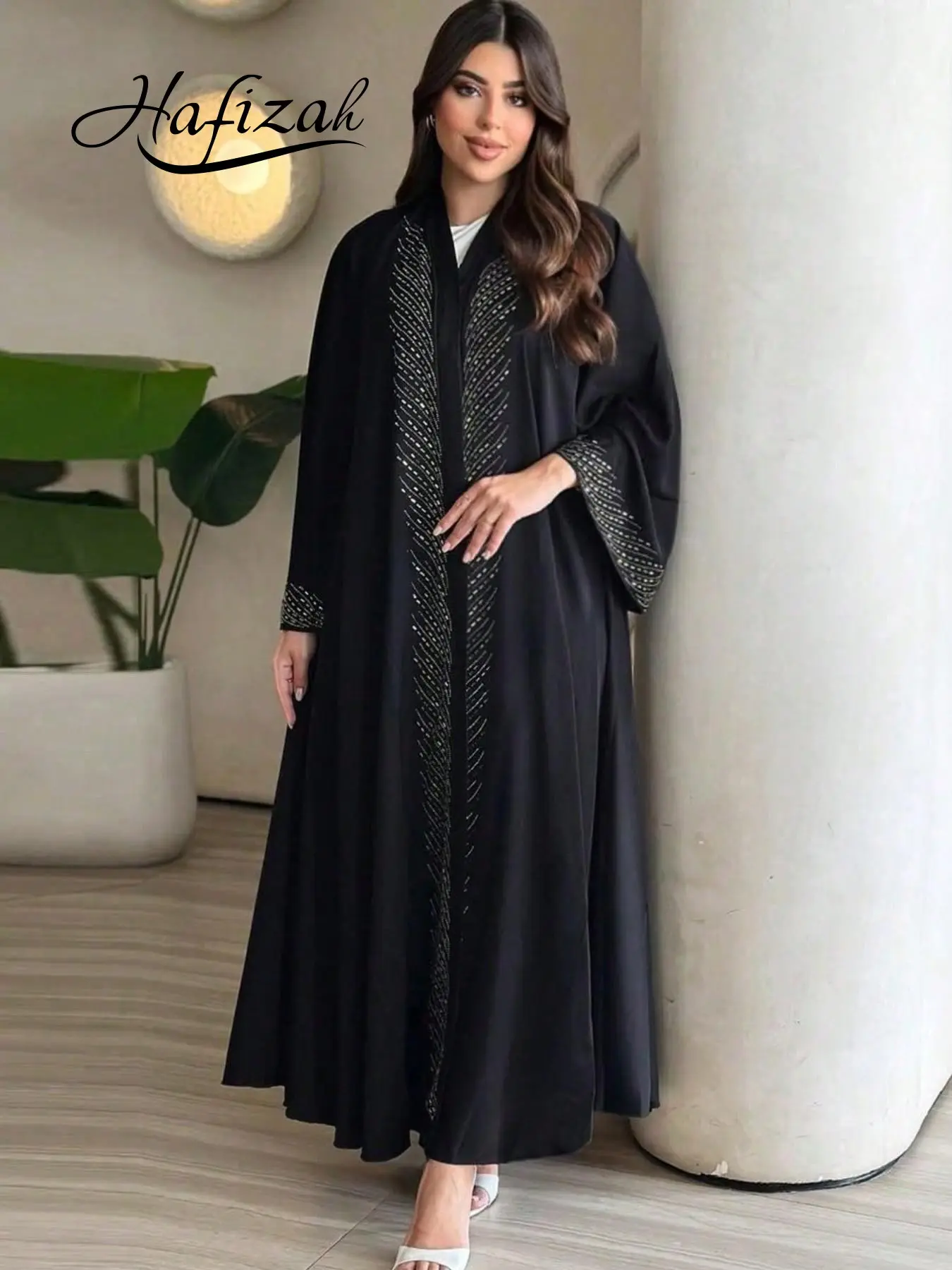 Hafizah Modest Fashion Open Front Abaya, Loose-Fitting Long Robe, Textured Metal Outerwear, All-Season Plain Design, Dubai Women's Clothing, Loose Abayas