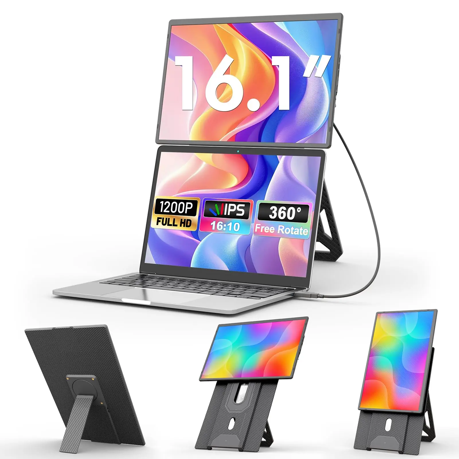 domyfan 16.1'' Laptop Screen Extender, 360° Rotating Detachable Stand/VESA Support, FHD 1200P IPS Portable Monitor, Plug & Play with HDMI/USB-A/Type-C, Compatible Win/Mac/Android tiktokshopbacktoschool