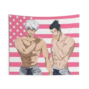 Pink anime Gojo Geto Tapestry, Fun Anime JJk Wall Decor, Decoration Linen