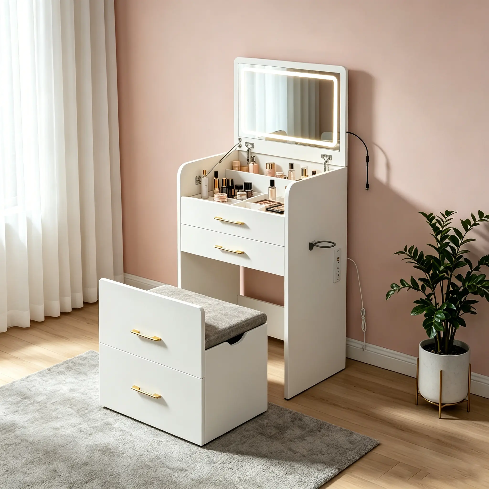 3-in-1 Vanity Desk with LED Mirror & Charging Station, 23.6" Flip-Up Dressing Table with 3 Drawers & Padded Stool for Bedroom Small Space, No More Cluttered Makeup Counter, space-saving