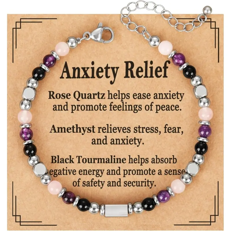 Women's Natural Amethyst Beads Healing Crystal Bracelet - Triple Symbolic, Adjustable (6.5+1.8 in), Fashion Bracelet Accessory for Daily Wear, Mother's Day Gift for Mom, Bracelets