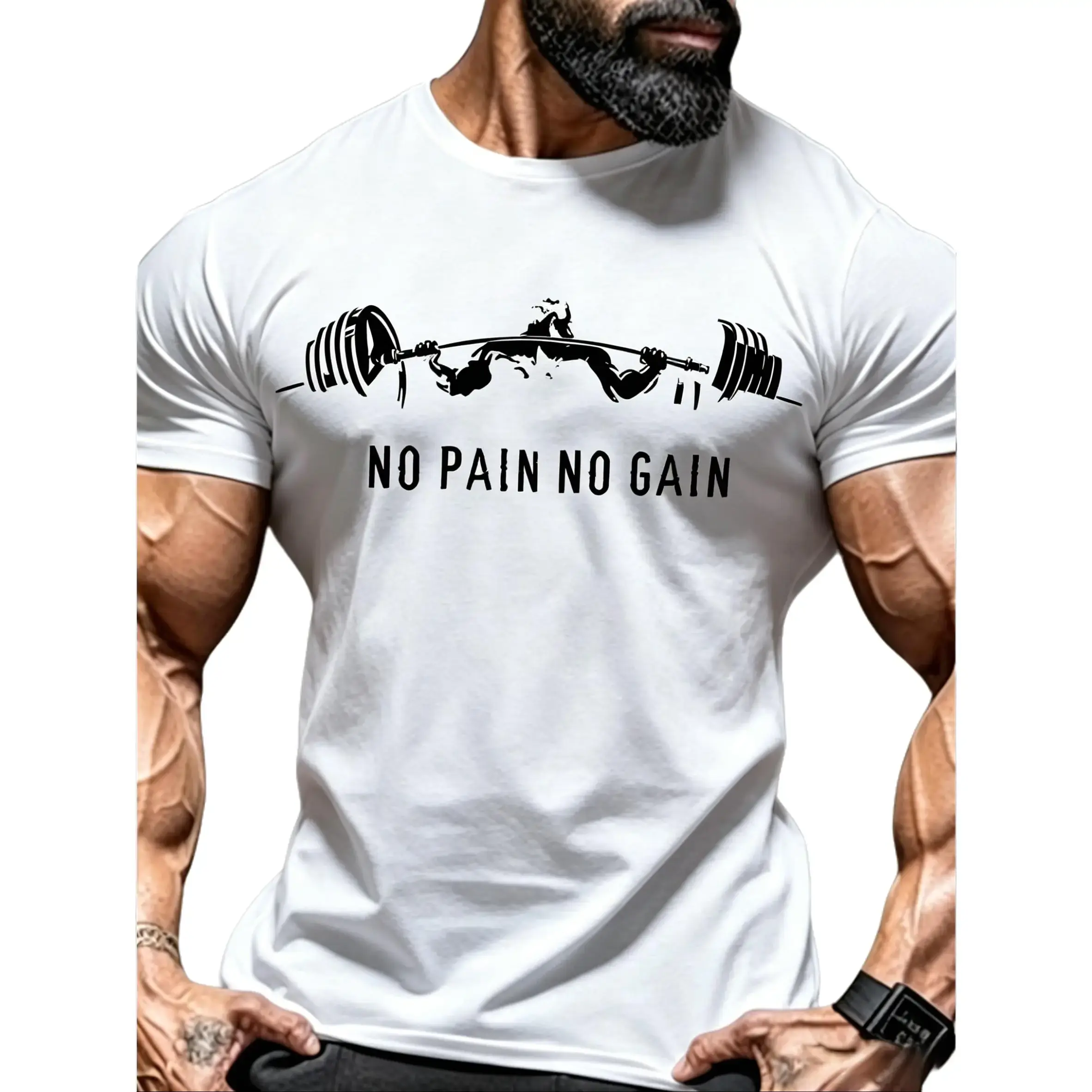 No Pain No Gain Bench Press Weightlifter Silhouette T-Shirt, Gym Workout Fitness Graphic Tee, Black Casual Cotton Top, Bodybuilding Sports Apparel,funny graphic tee,summer graphic tees,tee