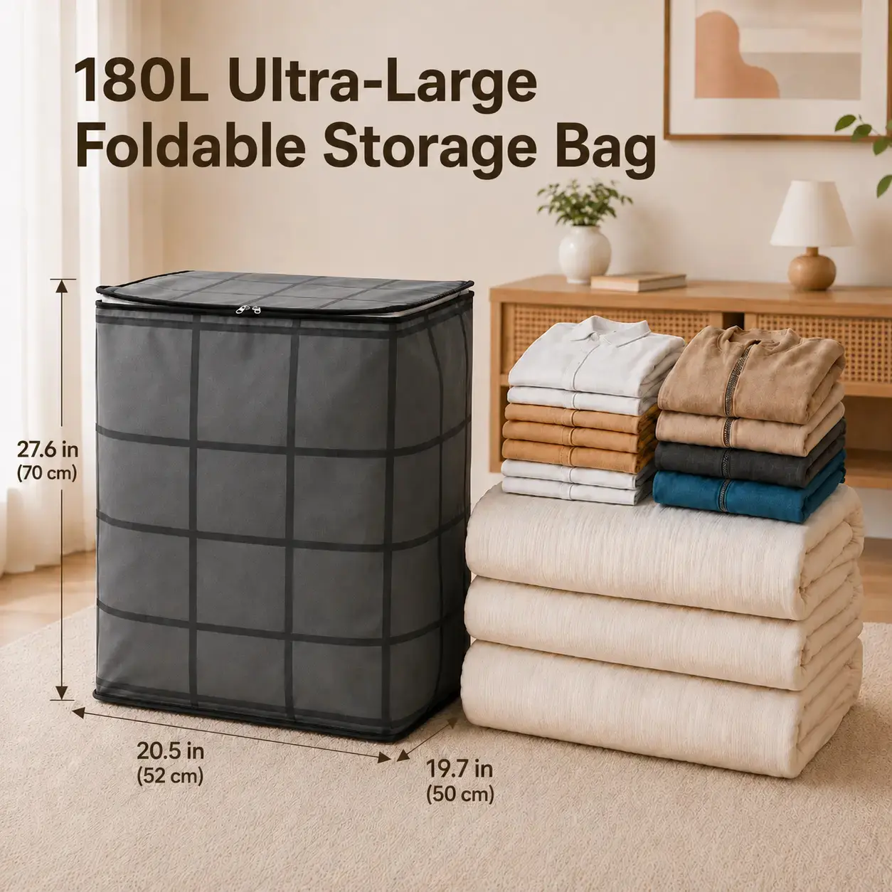Large-Size Foldable Fabric Home Organizer Bag with Zipper Seal - Household Organiser for Blanket, Clothes Quilt, Bedroom Closet & Moving Organizer Storage Supplies