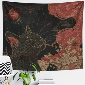 Black Cat Smoking Flower Pattern tapestry under the moon, interesting Lightweight Decoration wall hanging, dopamine art tapestry, suitable for living room, bedroom, college dorm, trippy room decor, creative gift Decorative Backdrop bedroom decor tapestry
