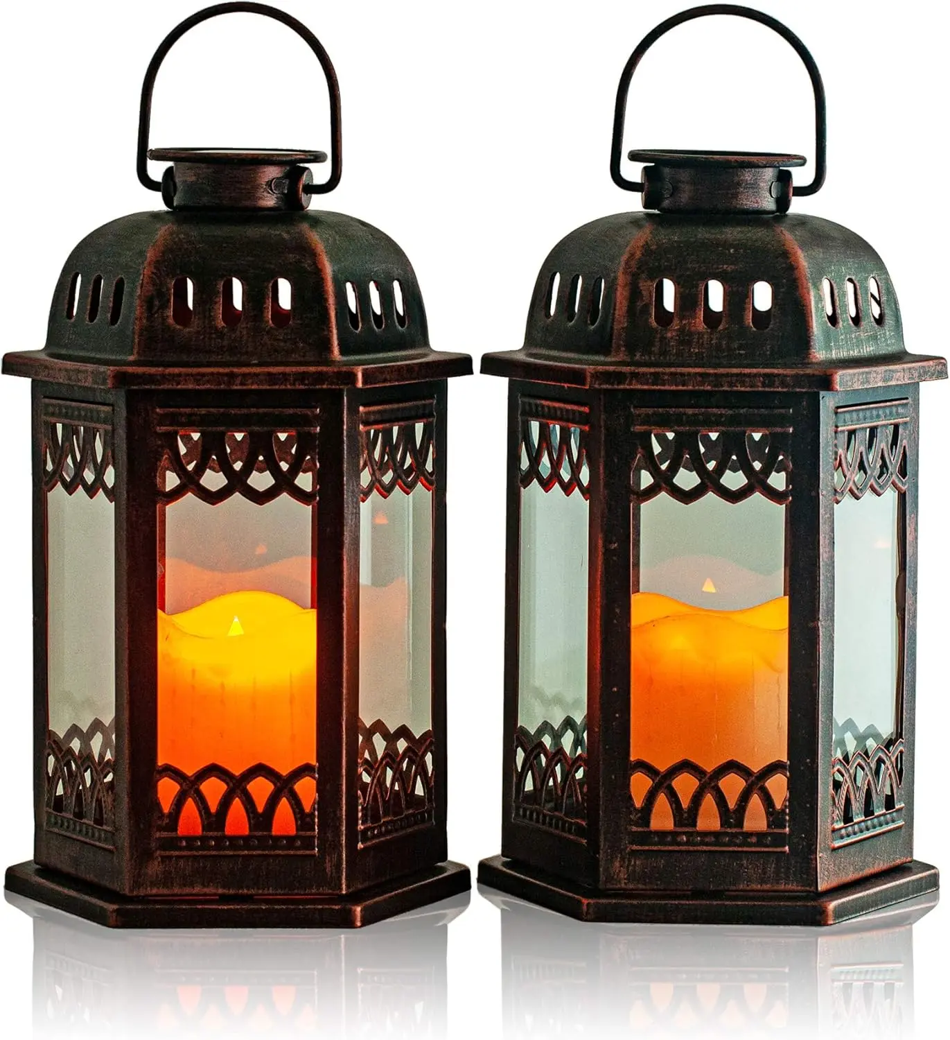 Solar Lanterns 2 Pack Bronze - Hanging Solar Lights with Flickering Candle LED - Retro Ornate Hanging Solar Lantern with Handle, Outdoor Hanging Lanterns 6.60 x 6.60 x 10.60 in