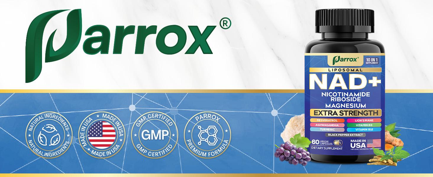 Parrox NAD+ Supplement - NMN Alternative | NR | Magnesium | Resveratrol Complex | Anti-Aging Support Healthcare | Vitamin Dietary Supplement - Made in USA - 60 Capsules