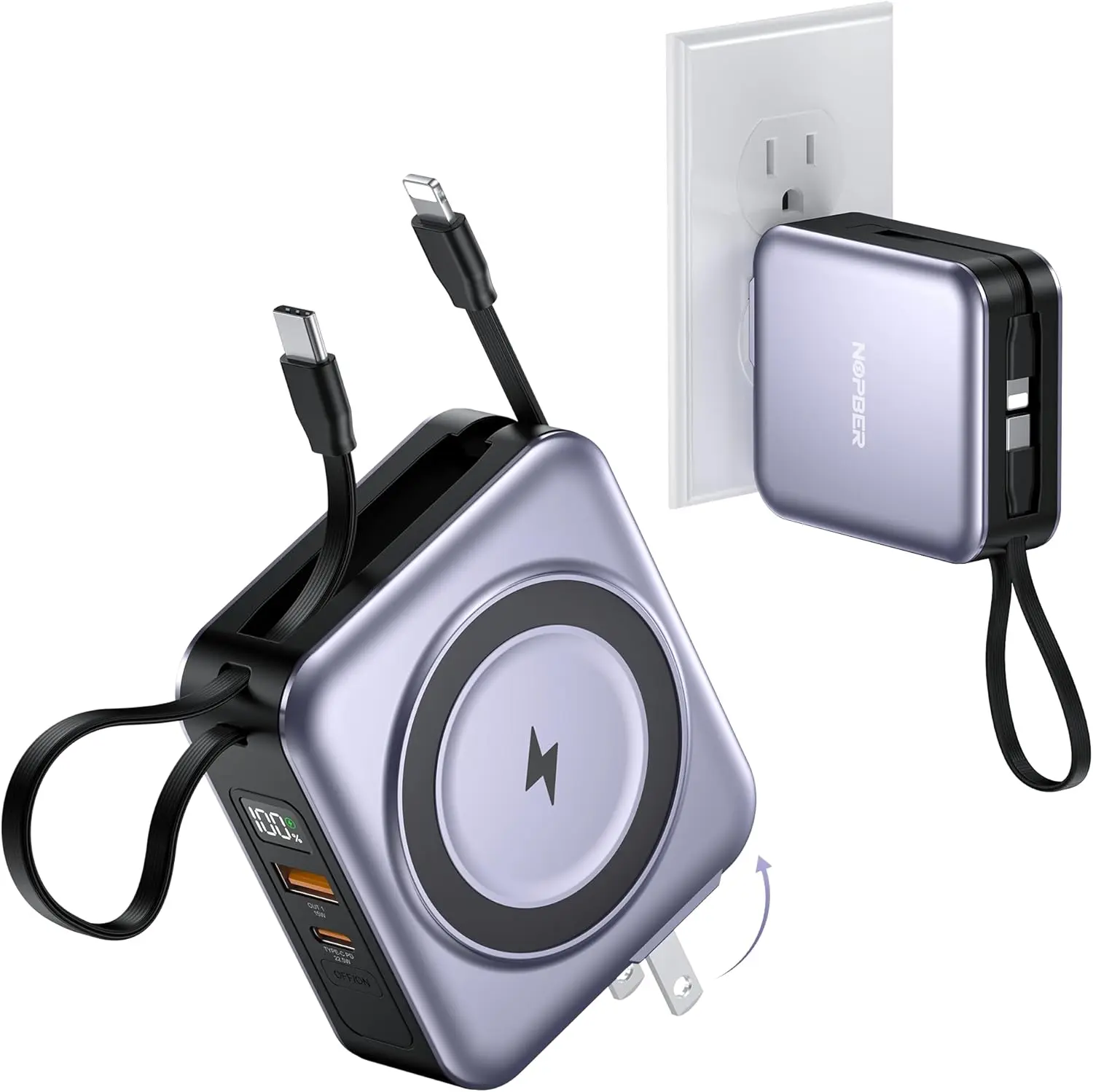 10000mAh 6-in-1 Magnetic Foldable Portable Power Bank with Lanyard - 22.5W Fast Charging, Built-in AC Wall Plug, USB-C & Lightning Cables for iPhone 17/16/15/14/13/12, Mobile Devices, Android & Samsung Silver Gray Mobile Phone Accessories