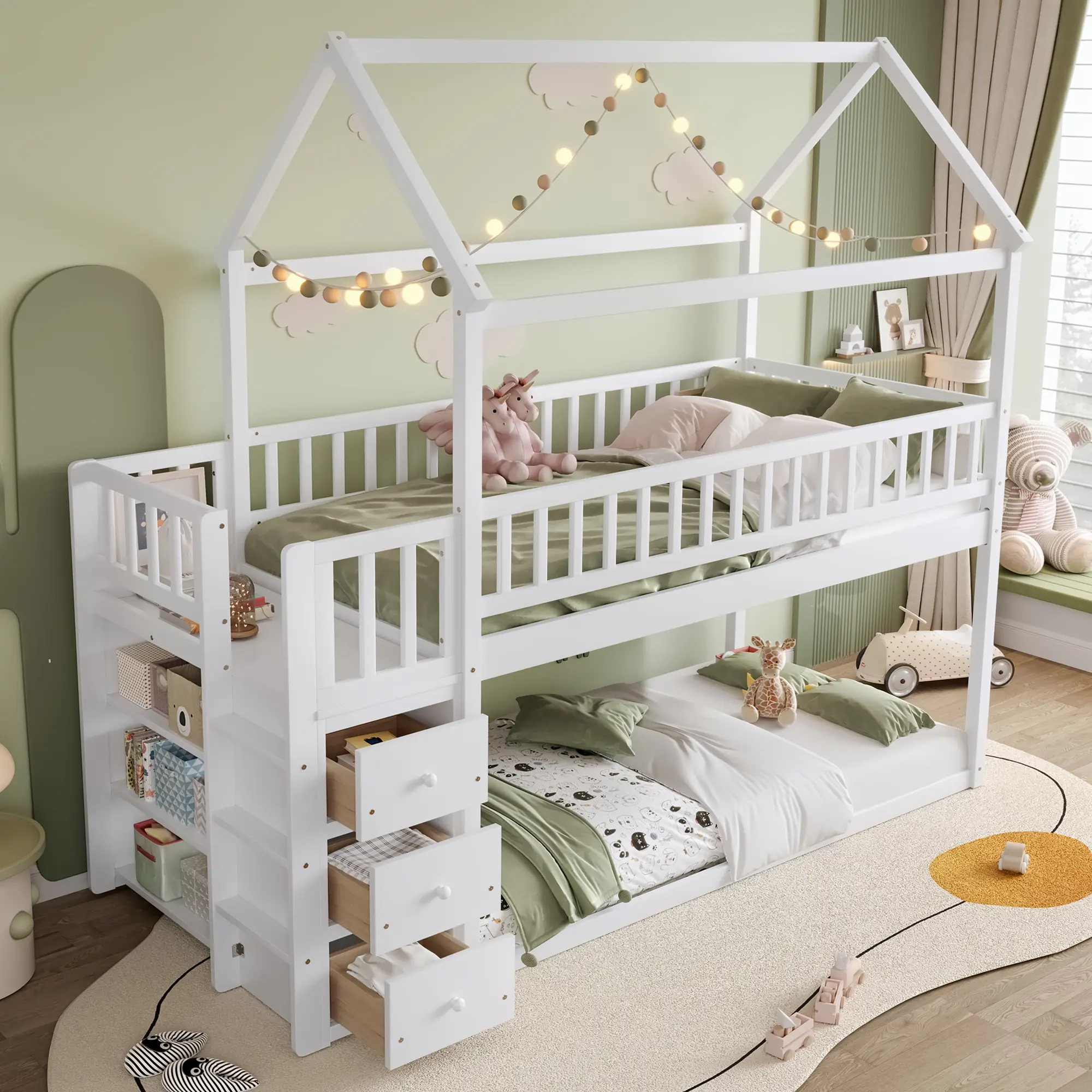 Bellemave Traditional Wood Twin-House Bunk Bed - Twin-Size Bed on Bottom, Guard Rails, Shelves, Drawers, Sturdy Construction, Space-Saving Loft, KD Easy Assembly (Shipped in 2 Separate Parcels), Loft Bed, Whimsical