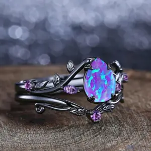2-Piece Purple Opal Pear-Shaped Ring Set – Classic Leaf Design Fashion Rings for Women, Party & Everyday Jewelry