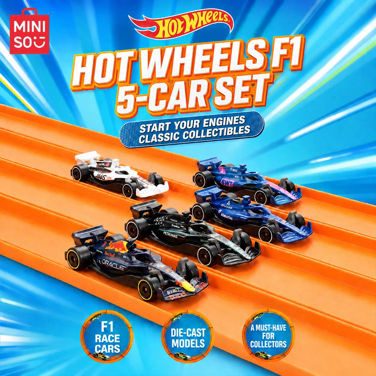 MINISO x Hot Wheels Formula 1 5-Pack Die-Cast Race Cars | Collectible Toy Car Set for Kids, Racing Fans & Gifts, Back To School