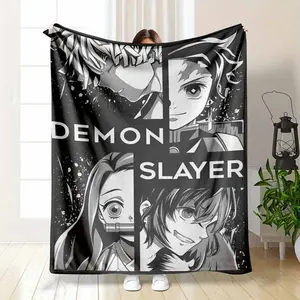 Demon Slayer Tanjiro Nezuko Zenitsu Inosuke Flannel Blanket Black and White Manga Panel Character Collage Print Soft Warm Cozy Lightweight Throw Ideal for Sofa Bedroom Office Travel Gift Decor Use summerwins