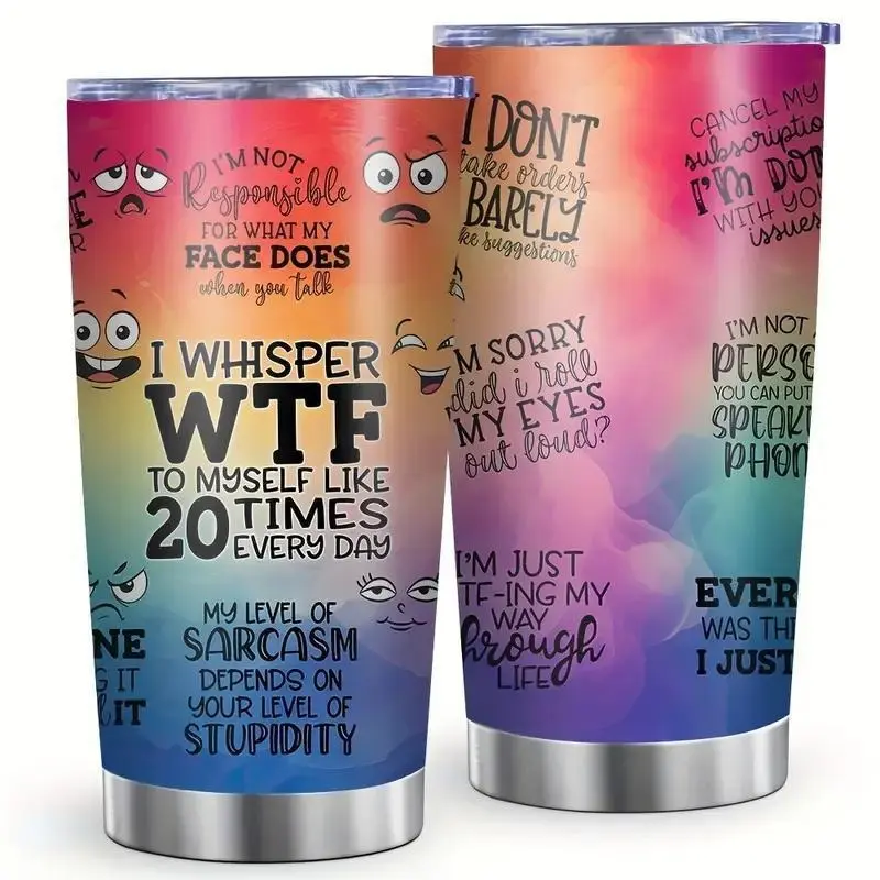 20oz Stainless Steel Modern Vacuum Insulated Flask Tumbler Drinkware - Funny Sarcastic "I Whisper WTF" Quote Rainbow Mug with Lid, Unique Coworker Gift for Boss Birthday, Portable, Watercolour