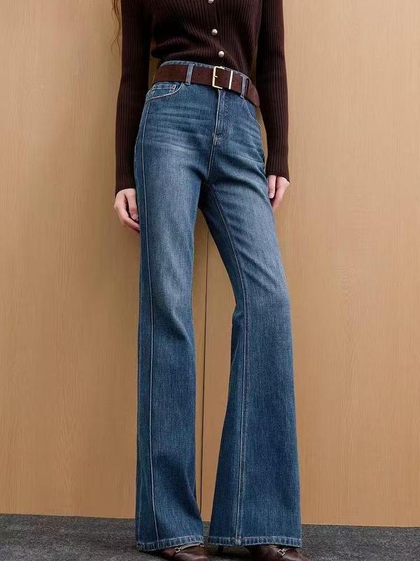 Women's High-Waisted Flared Leg Denim Jeans with Belt Loops - Blue Cotton, Relaxed Comfortable Fit, Fashion Everyday Clothes for Women Bottoms, Ideal for Casual Wear