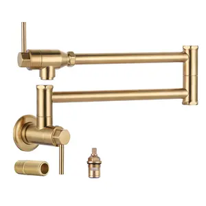 WOWOW Contemporary Wall-Mounted Solid Brass Double-Handle Kitchen Faucet, Pot filler with Double Joint Swing Arms in Gold/Black/Nickel/Chrome/ORB