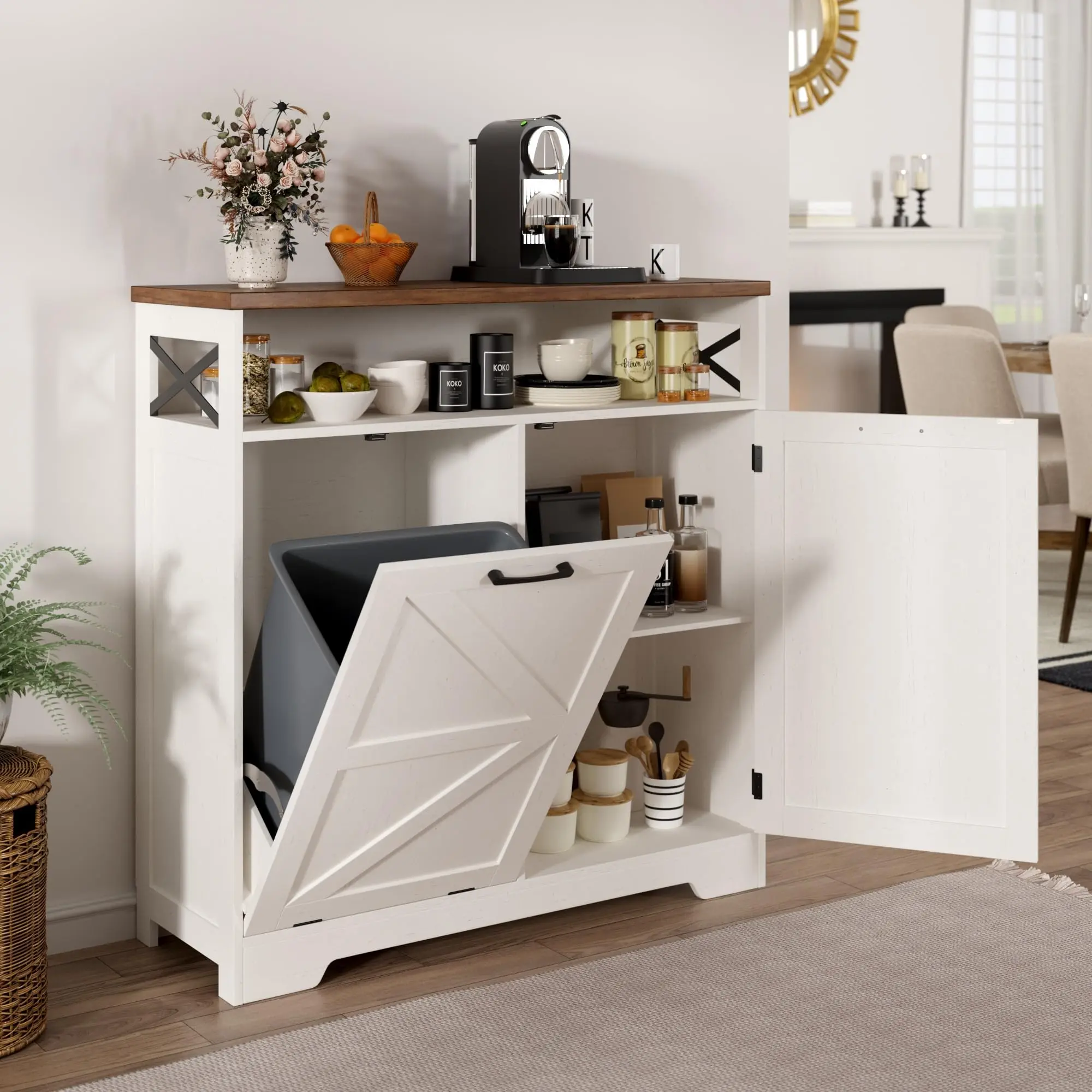 [tiktokshopbacktoschool] Vabches Wooden Tilt-Out Trash Can Cabinet for 13 Gal Bin, Barn/Cottage Style Hidden Multi-Purpose Kitchen Furniture with Adjustable Shelf, Dog-Proof Organizer (White, Dorm Essentials Home Decor)