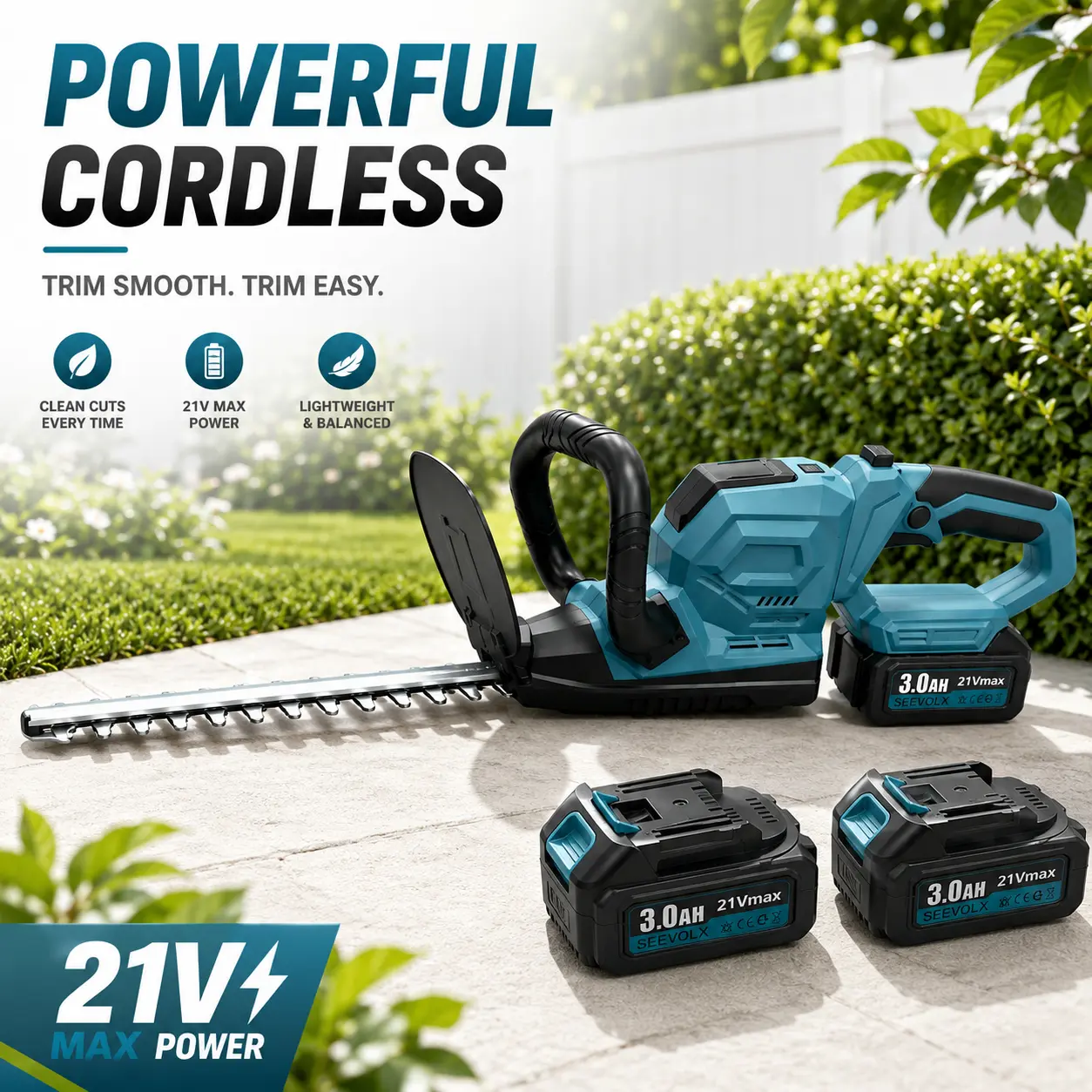 SEEVOLX 21V Max Cordless Hedge Trimmer Kit with Two 3.0Ah Batteries, Charger, Safety Glasses, Work Gloves, Oil Bottle and Tool Set for Hedges, Shrubs and Yard Care