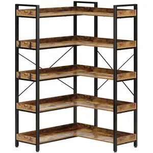65-Inch L-Shaped 5-Layer Corner Bookshelf – With Hooks & Safety Edges, Metal Frame Cabinet, Ideal for Living Room/Office Storage & Display