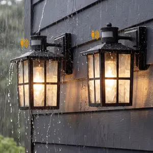 KDG Outdoor Motion Sensor Patio Wall Light Fixtures Set of 2, Black E26 Socket Waterproof Lanterns with Tempered Glass, Modern Wall Mounted Lamps Suitable for Home, Front Door, Garage , Porch, Garden Yard Decoration